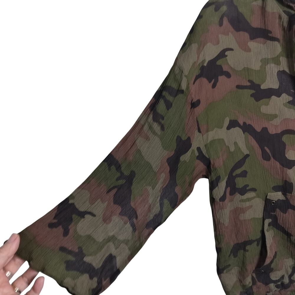 4994)Michael Kors Camouflage Silk Georgette semi Sheer Pullover Hooded Blouse M - Picture 4 of 11